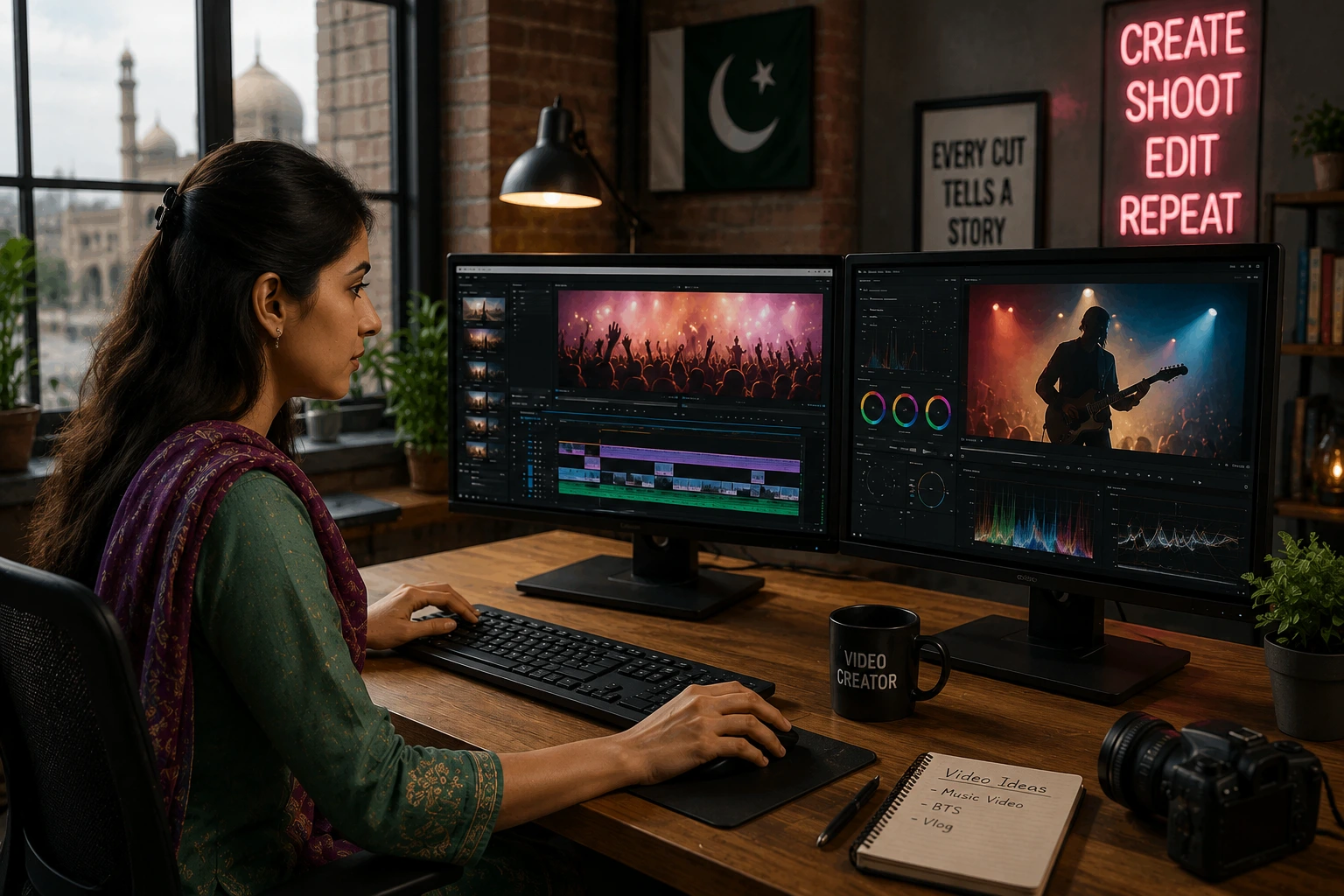 Pakistani Woman Editing Music Video on Dual Monitors in Loft Studio