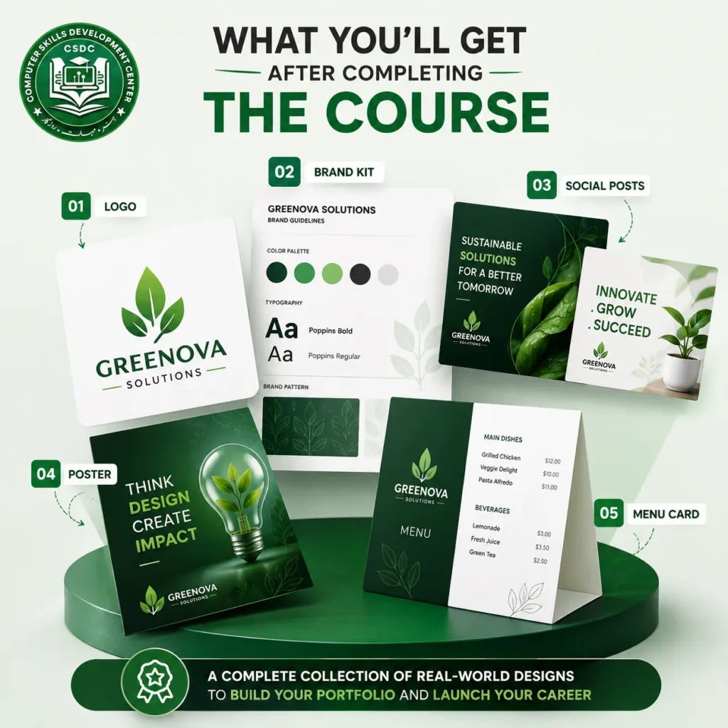 Graphic design course portfolio showcasing logo design, brand kit, social media posts, posters, and menu card projects for building professional design skills