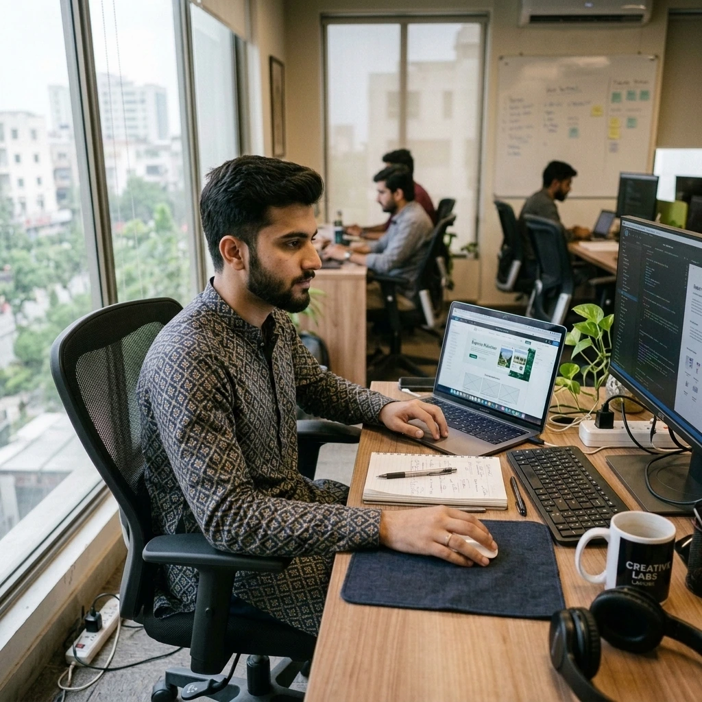 Pakistani website designers working on web design projects in a modern office and freelancing environment.
