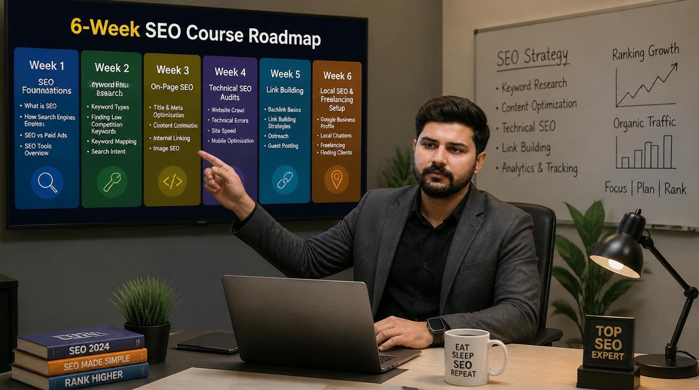 Male instructor pointing to a 6-week SEO course roadmap presentation on a screen, covering keyword research, on-page SEO, technical audits, and link building.