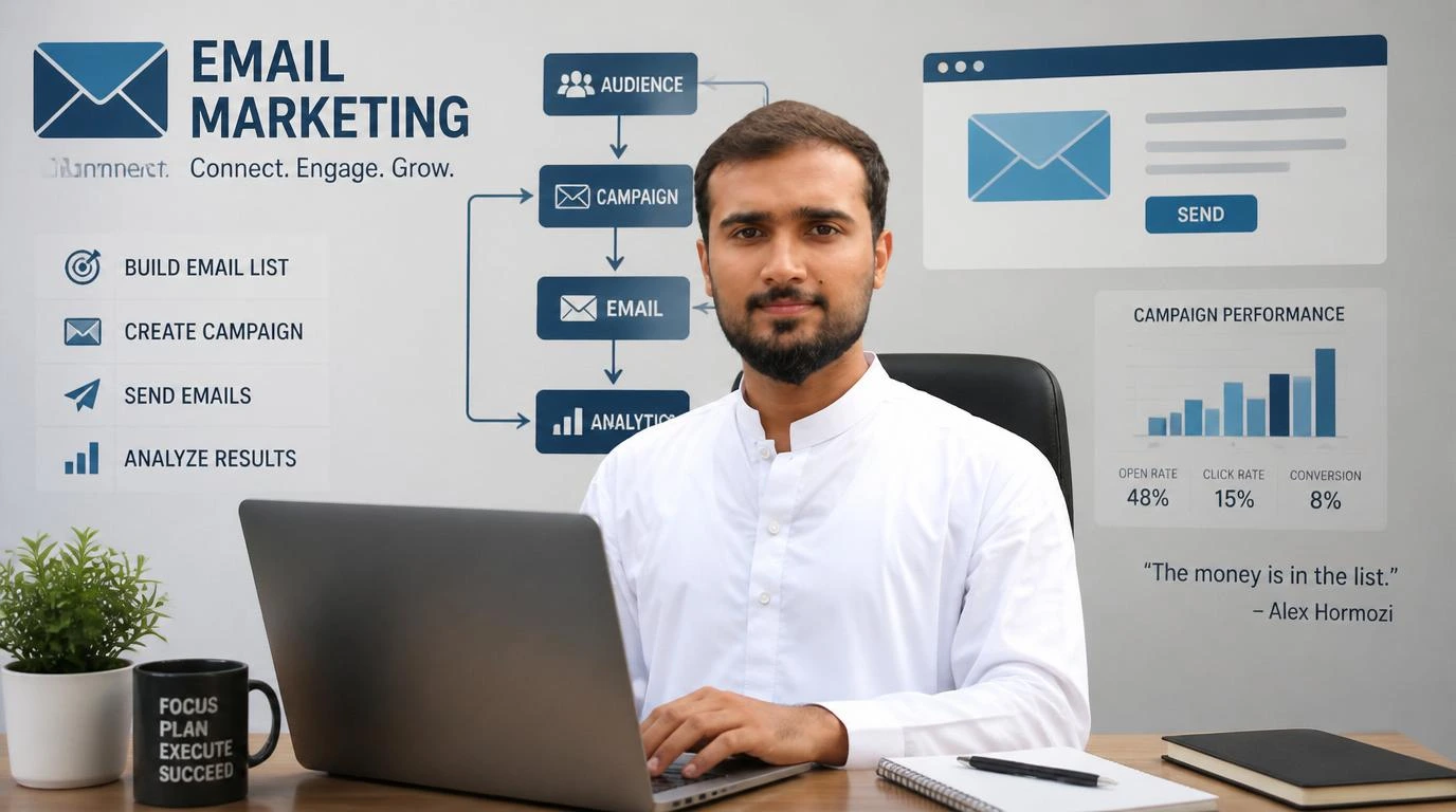 Pakistani email marketing professional working on a laptop with email campaign workflow, audience segmentation, campaign analytics, and performance metrics displayed in the background.