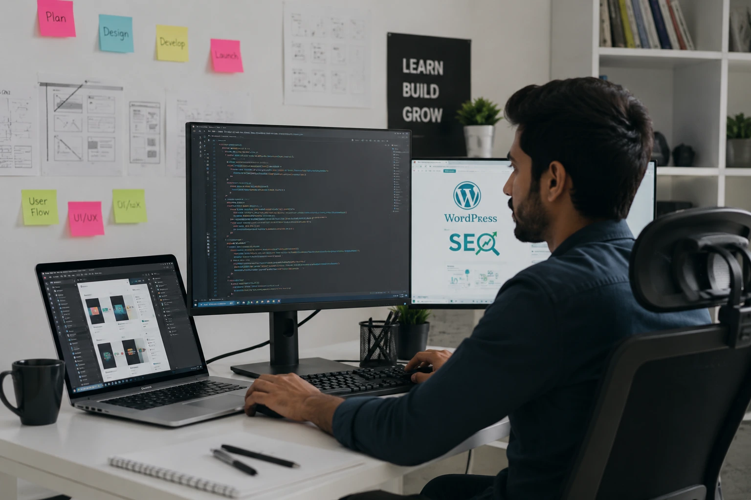 Pakistani web designer and developer working on HTML, CSS, JavaScript, WordPress, SEO, and UI/UX design projects in a modern office.