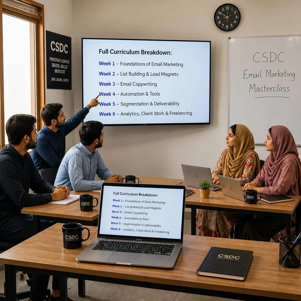 Pakistani students learning email marketing in a modern digital marketing classroom while reviewing a six-week email marketing curriculum on a large presentation screen.