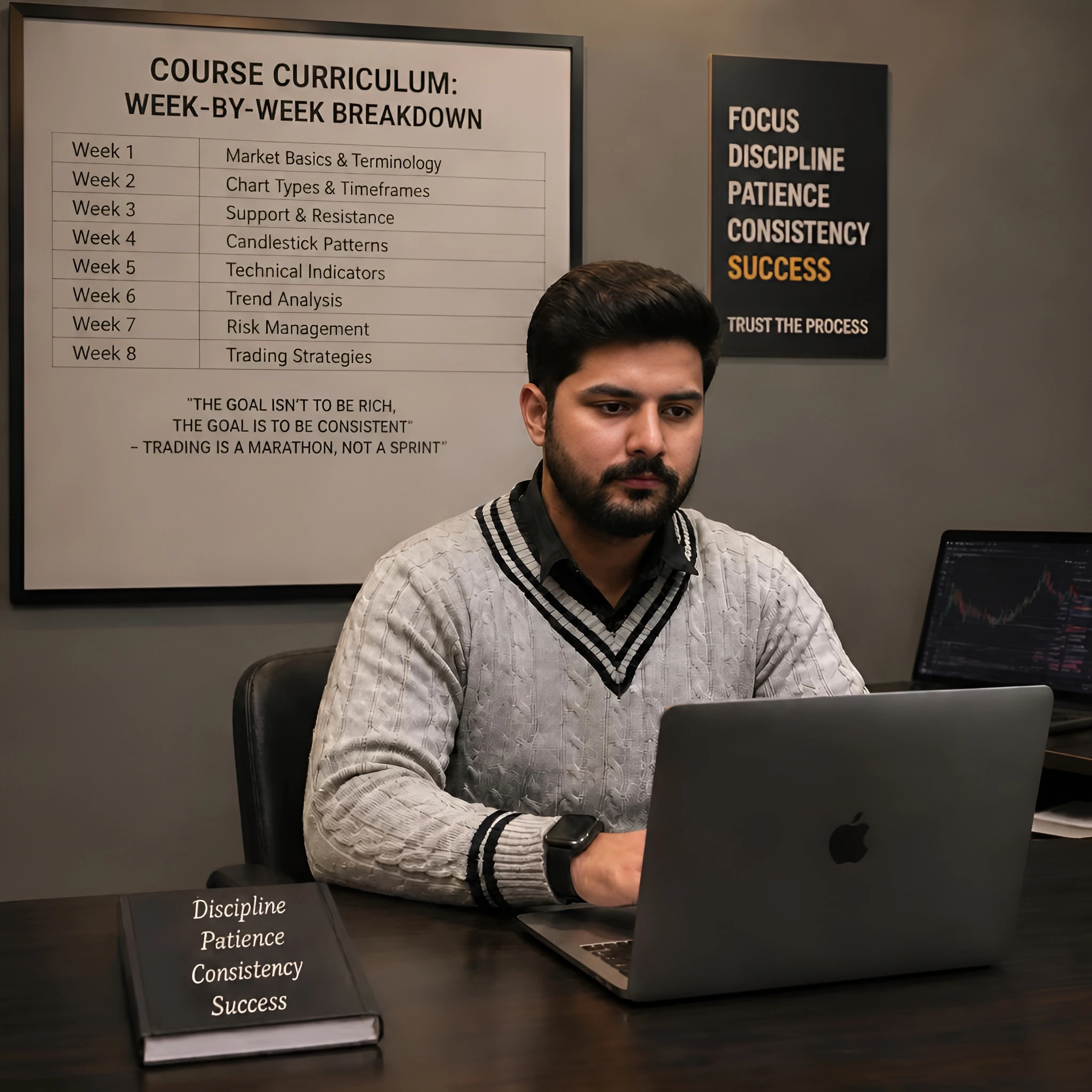 Pakistani trading student analyzing charts and course curriculum on laptop