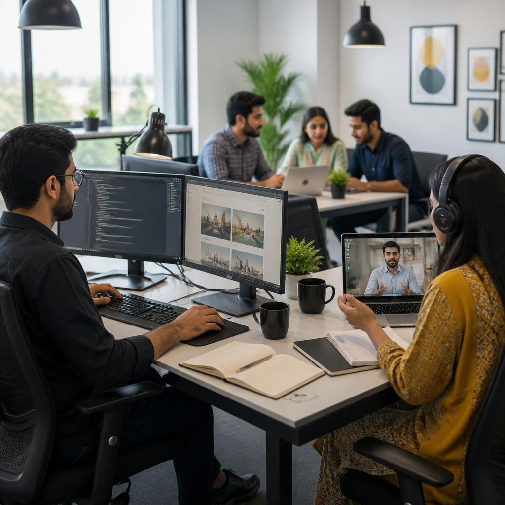 A candid photograph capturing a diverse team of young Pakistani professionals working in a modern, sunlit tech office. In the foreground, a male developer works on dual monitors while a female colleague participates in a video call on her laptop. In the background, three team members collaborate at a separate desk.