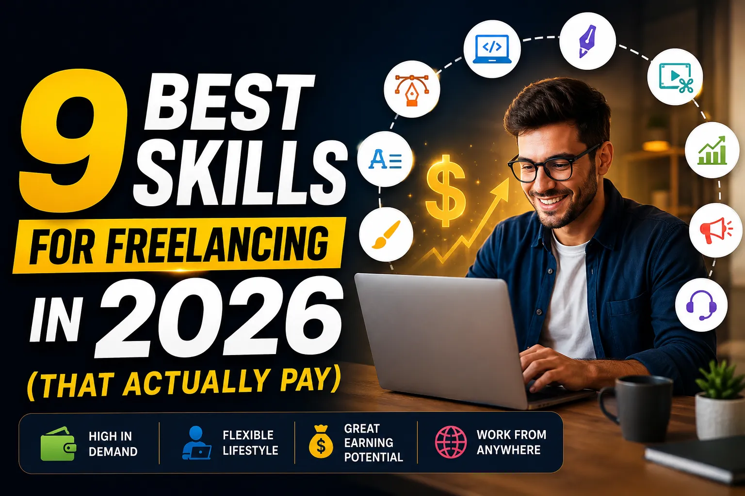 Freelancer working on a laptop with a graphic showing the 9 best high-paying freelancing skills for 2026, including digital, creative, and technology skills