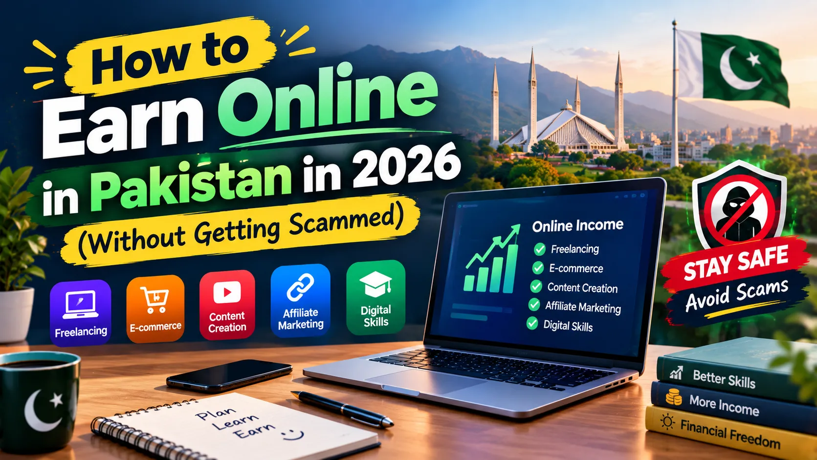 Guide infographic showing safe ways to earn online in Pakistan in 2026 through freelancing, e-commerce, content creation, affiliate marketing, and digital skills while avoiding online scams.